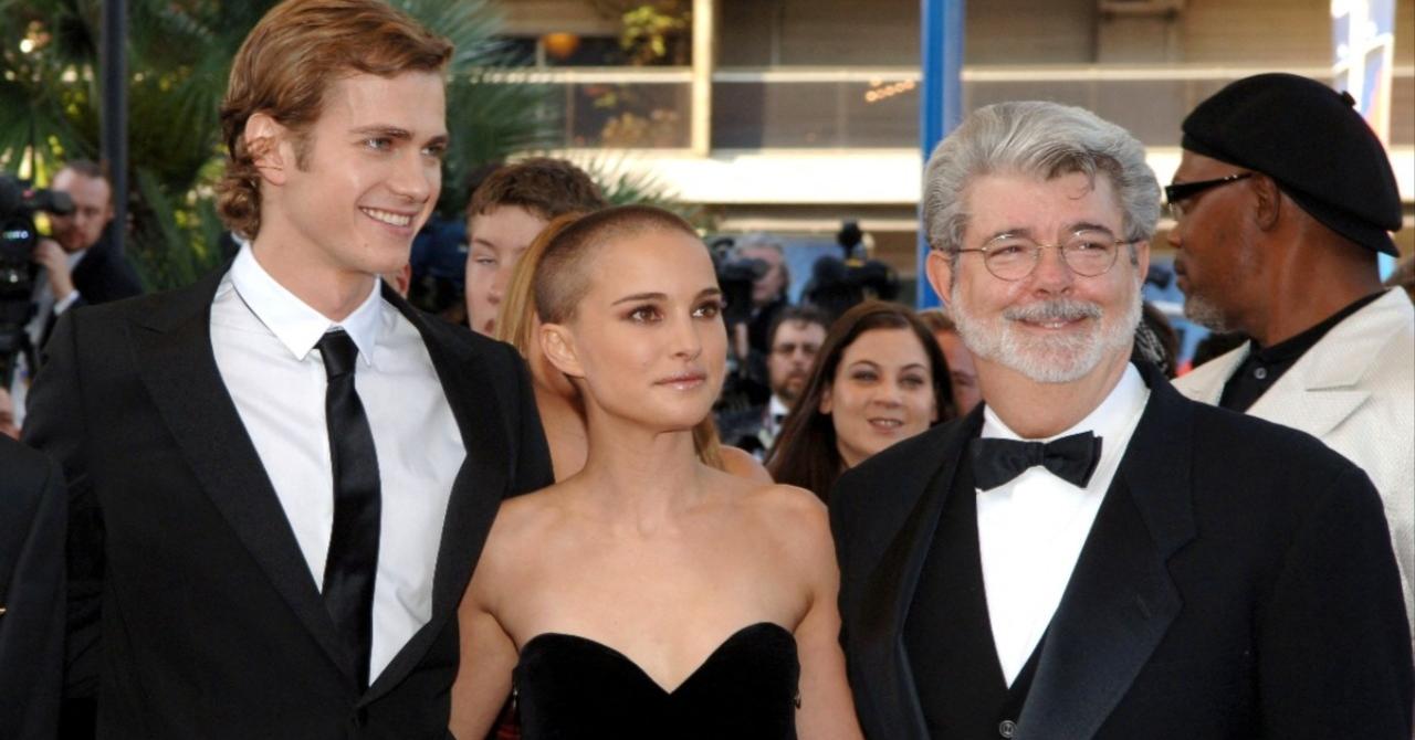 Hayden Christensen, Natalie Portman et George Lucas lors de l'avant-première de La Revanche des Sith au 58e festival de Cannes (2005)